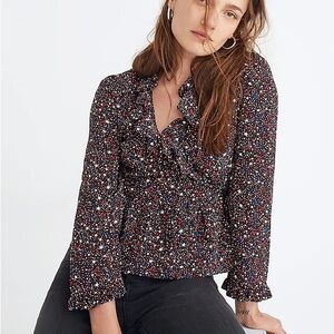 Madewell Silk Ruffle-Hem Wrap Top in Starry Night